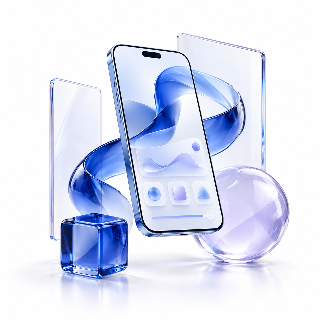 Floating smartphone and blue glass shapes