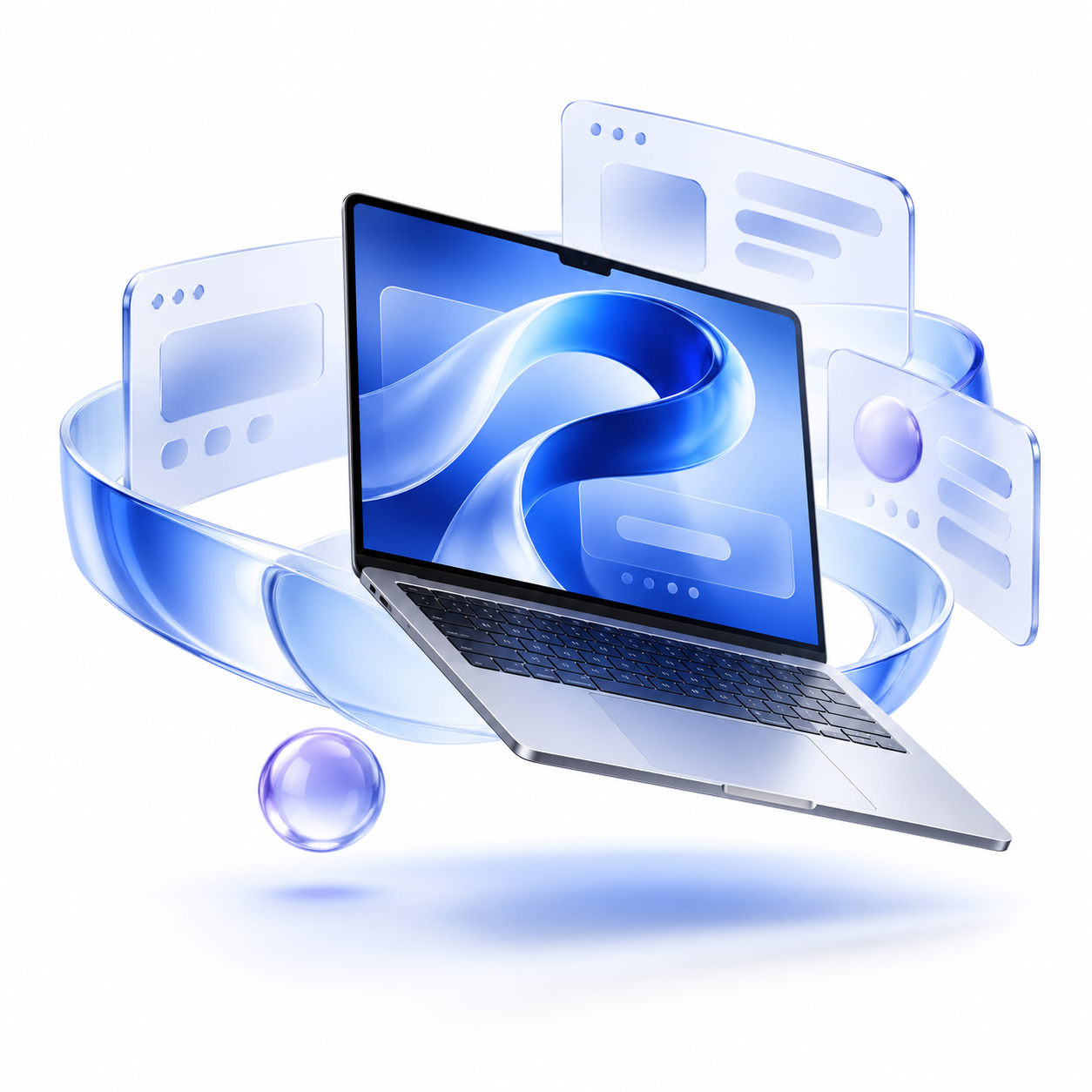 Floating laptop and glass website panels